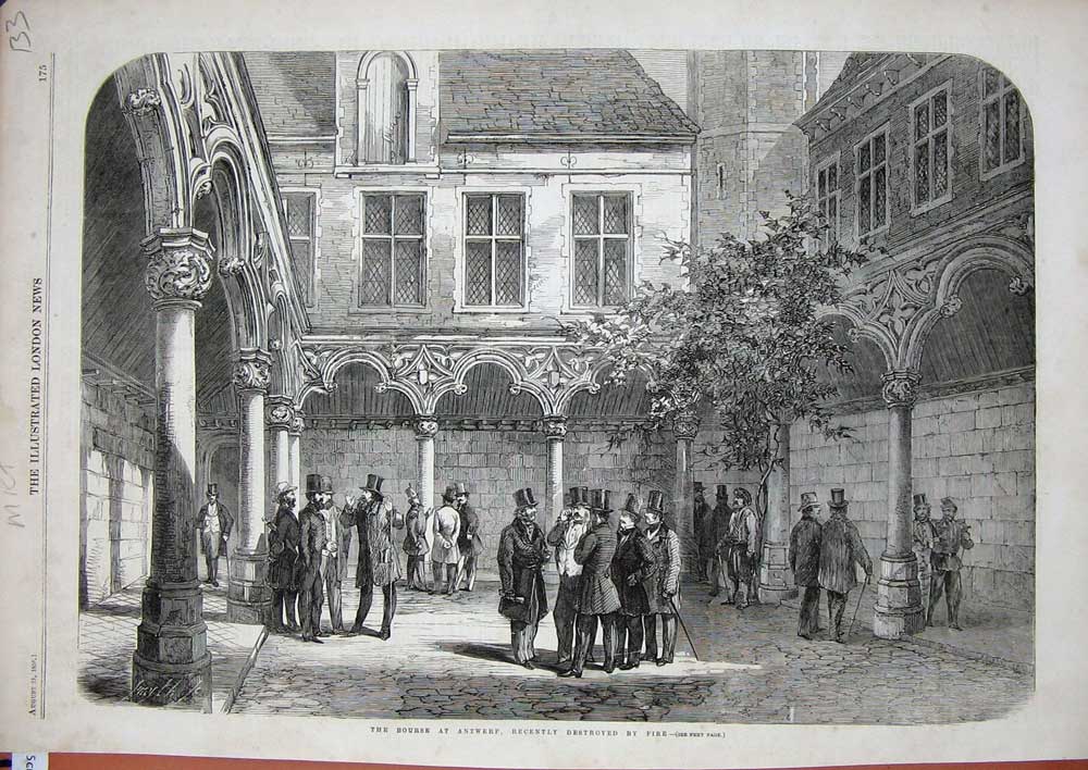 Original Old Antique Print 1858 Bourse Antwerp Architecture People Building