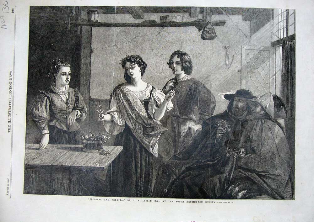 Original Old Antique Print 1861 Florizel Perdita Women Kensington Museum Art