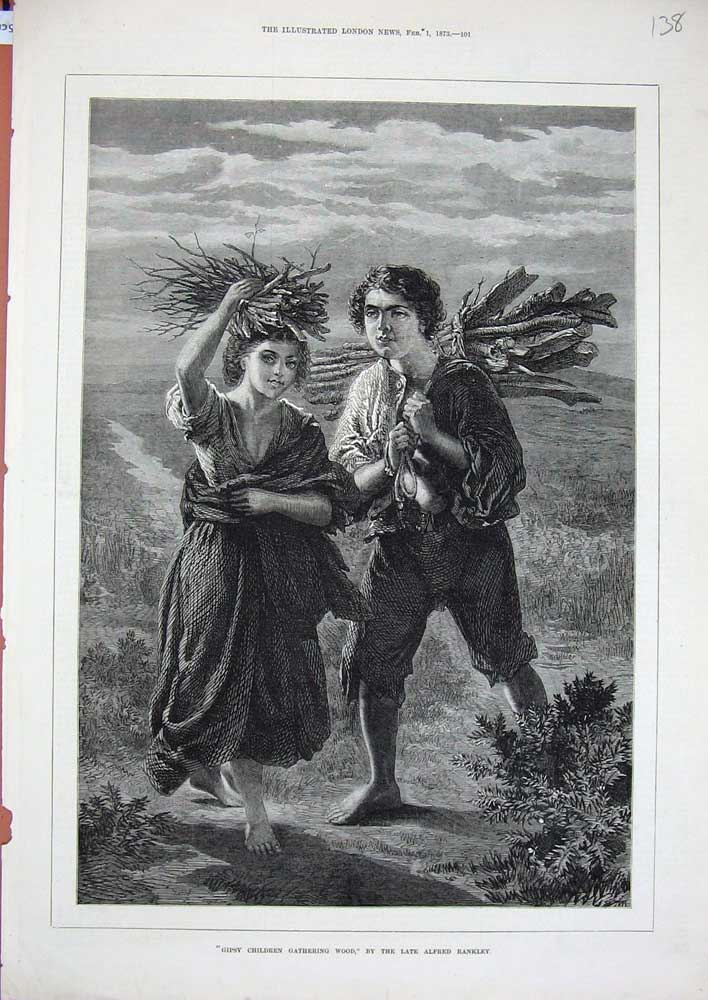 Old Antique Print 1873 Gipsy Children Gathering Wood Sticks Rankley Art 19th