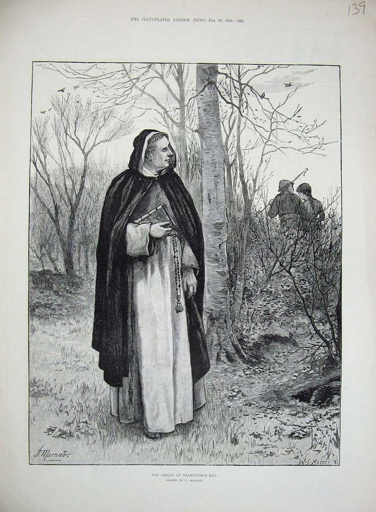 Old Antique Print 1884 Valentines Day Priest Bible Man Woman Romance Art 19th