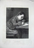 Old Antique Print 1874 Little Boy Valentine Card Writing Table Fine Art 19th
