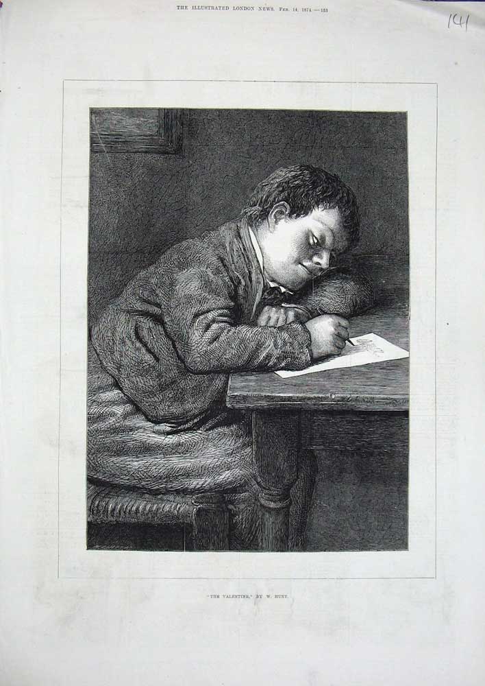Old Antique Print 1874 Little Boy Valentine Card Writing Table Fine Art 19th