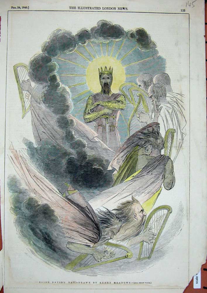 Original Old Antique Print 1849 Colour Saint Davids Day Harp King Crown 19th