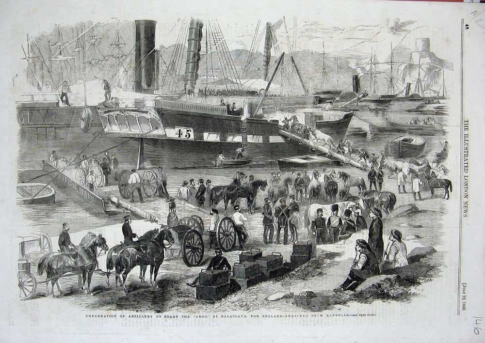 Original Old Antique Print 1856 Artillery Ship Argo Balaclava England Horses