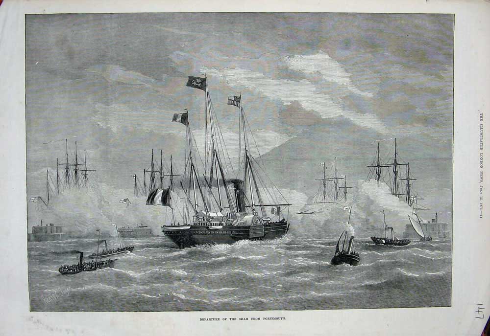 Original Old Antique Print 1873 Departure Shah Portsmouth England Ship Fine Art
