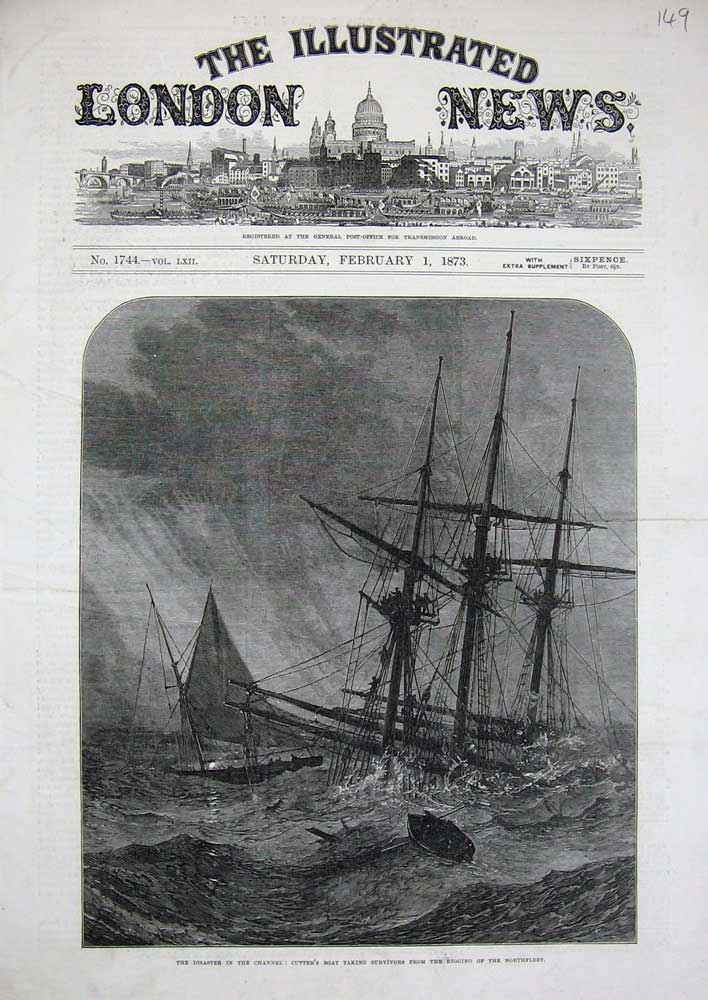Original Old Antique Print 1873 Disaster Channel Cutter'S Boat Wreck Northfleet