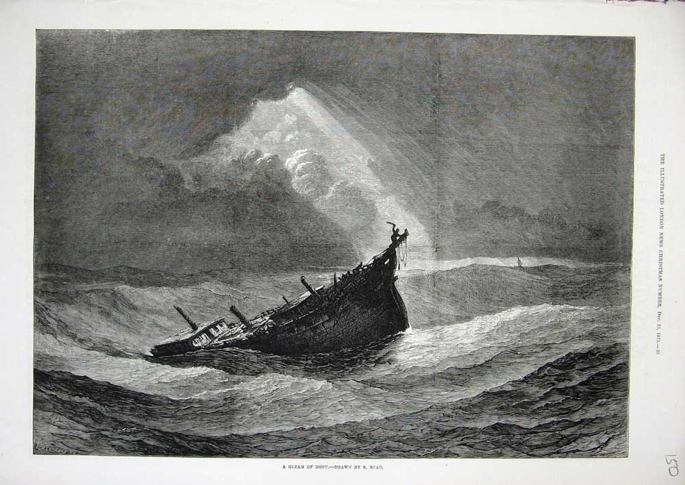 Original Old Antique Print 1875 Read Fine Art Ship Sinking Stormy Sea Sunlight