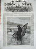 Original Old Antique Print 1868 Shrimper Lady Fishing Net Sea Fine Art French