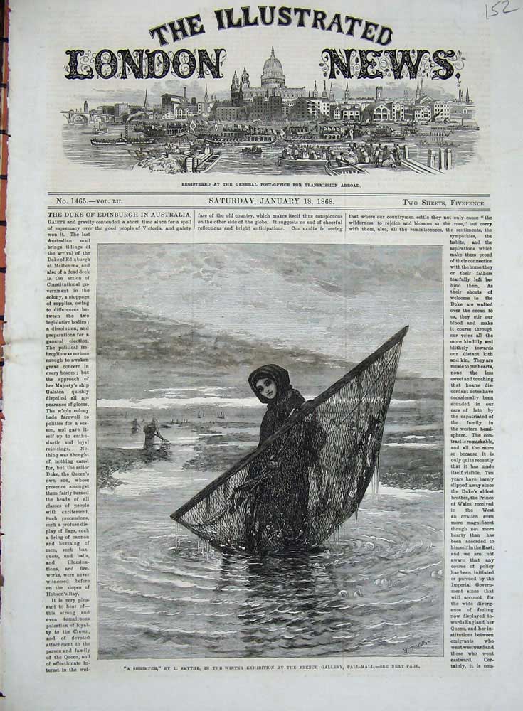 Original Old Antique Print 1868 Shrimper Lady Fishing Net Sea Fine Art French