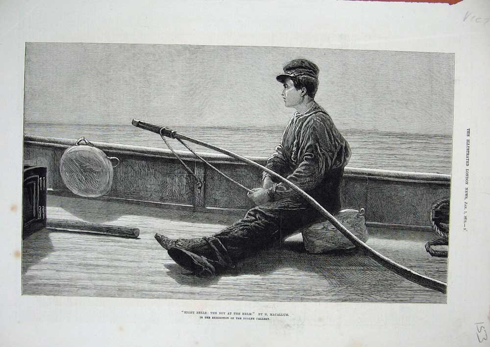 Original Old Antique Print 1876 Boy Helm Fishing Boat Sea Rod Macallum Fine Art