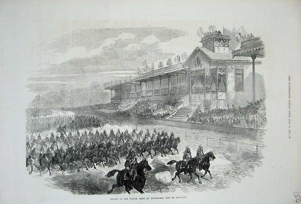 Original Old Antique Print 1871 French Army Longchamps Bois De Boulogne Horses