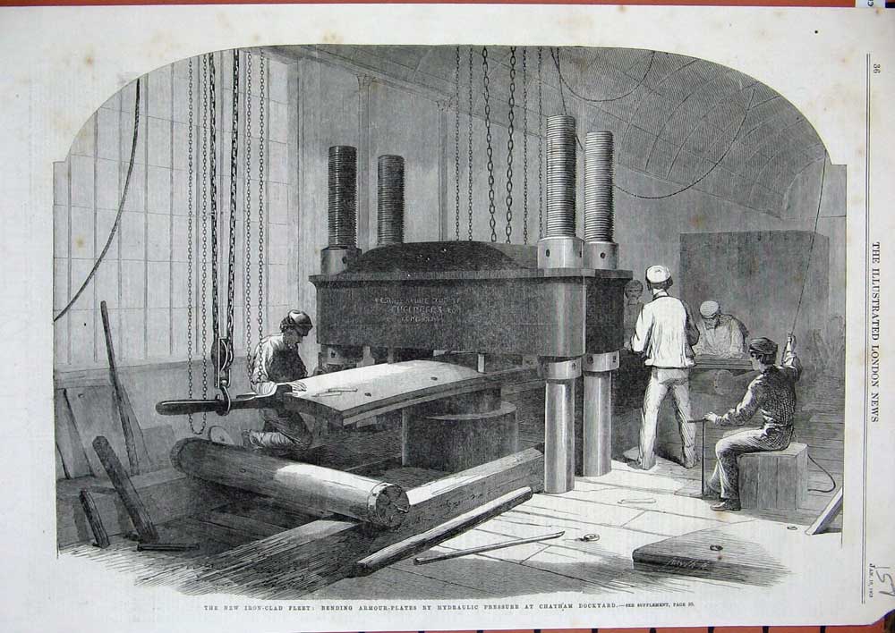 Old Antique Print 1863 Manufacturing Armour-Plates Hydraulic Chatham Dock 19th