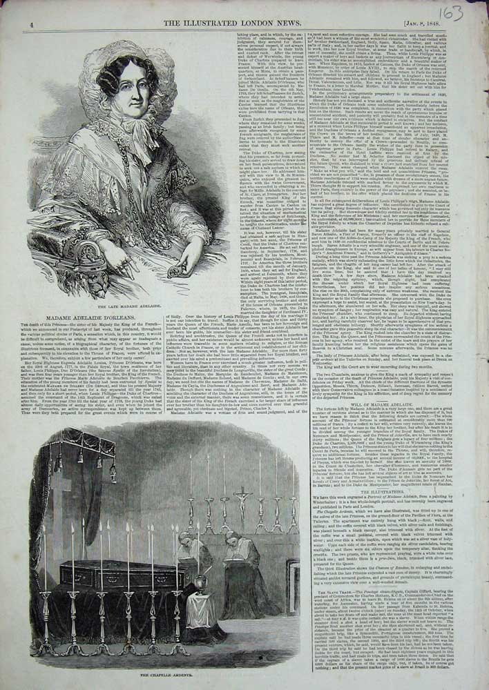 Original Old Antique Print 1848 Madame Aldelaide Portrait Chapelle Ardente 19th