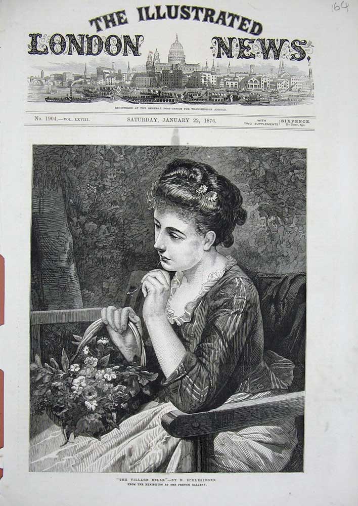 Old Antique Print Schlesinger Fine Art 1876 Woman Village Belle Flowers 19th