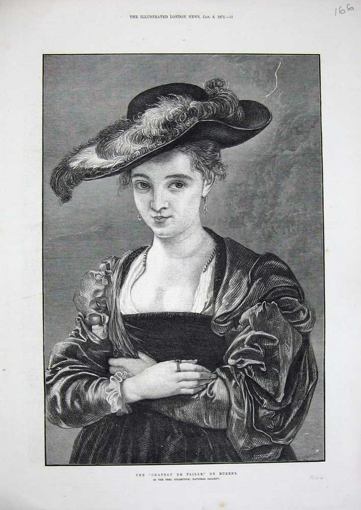 Old Antique Print 1872 Chapeau De Paille Lady Woman Beautiful Rubens Art 19th