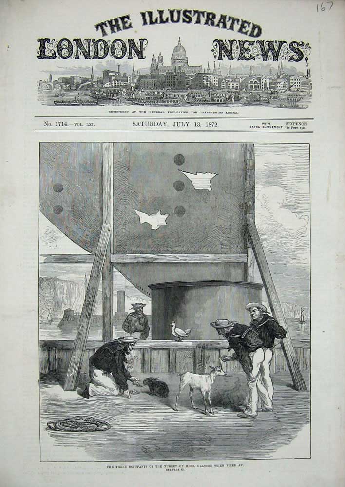 Old Antique Print 1872 Turret H.M.S Glatton Navy Sailors Goat Rabbit Hen 19th