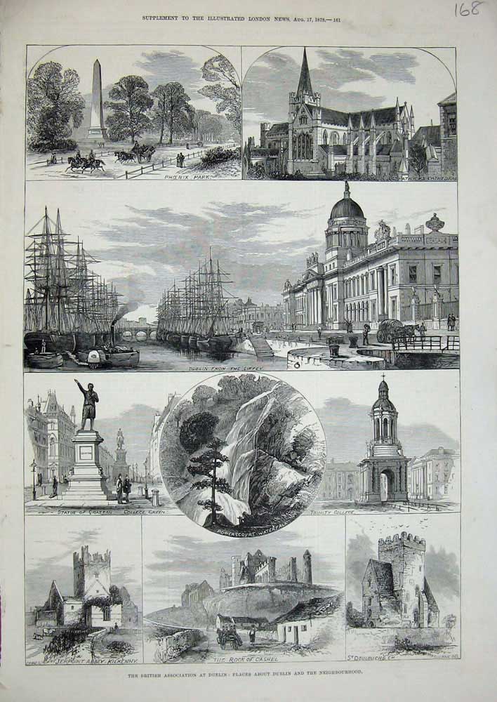 Old Antique Print 1878 Ireland Phoenix Cathedral Grattan Ship Abbey Rock 19th