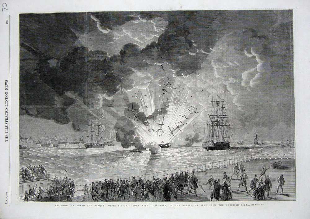Old Antique Print 1864 Explosion Ship Barque Lottie Sleigh Mersey River 19th