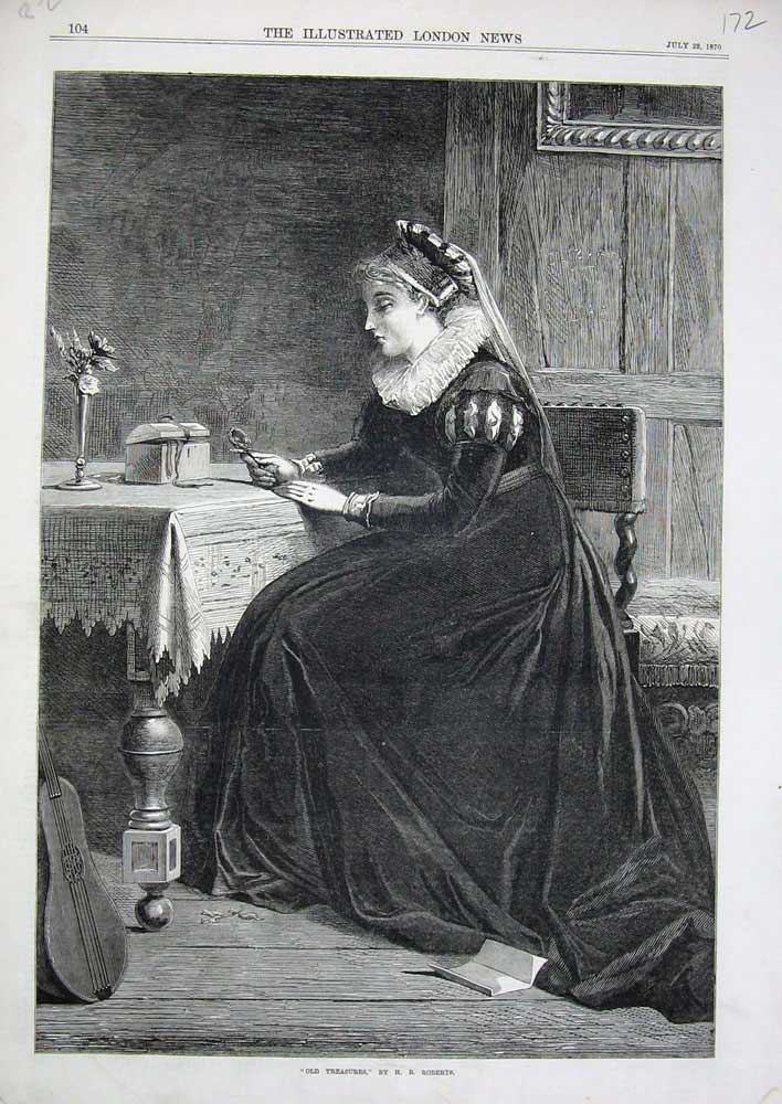 Original Old Antique Print Woman Lady Treasure Table Chair 1870 Fine Art 19th