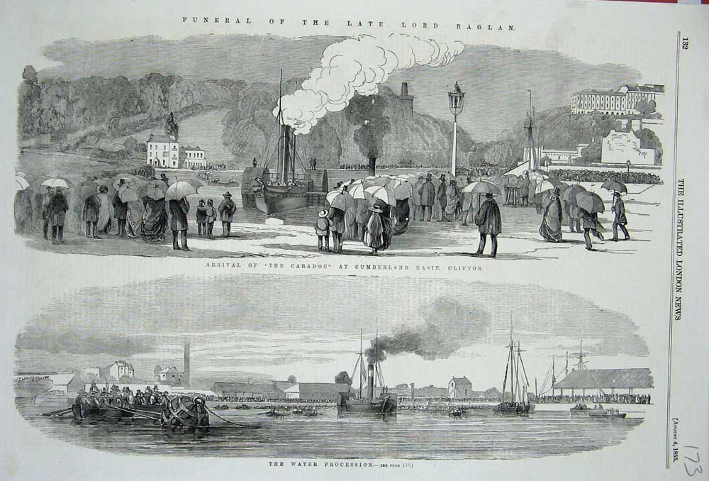 Original Old Antique Print 1855 Funeral Lord Raglan Ship Caradoc Basin Clifton