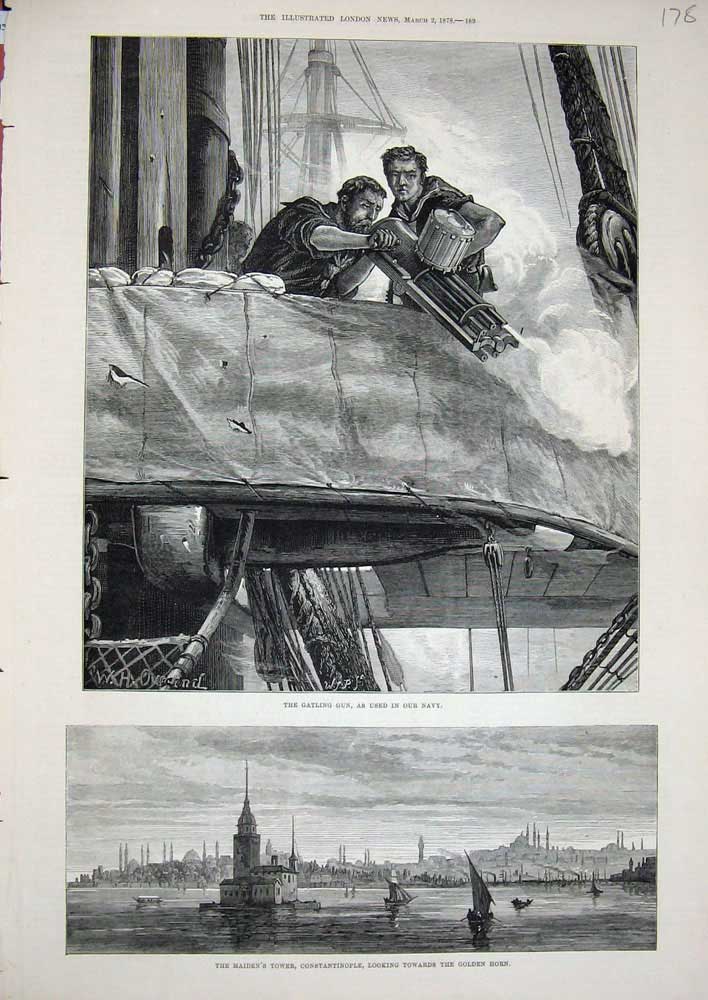 Old Antique Print 1878 Gatling Gun Navy Ship Constantinople Maiden Tower 19th