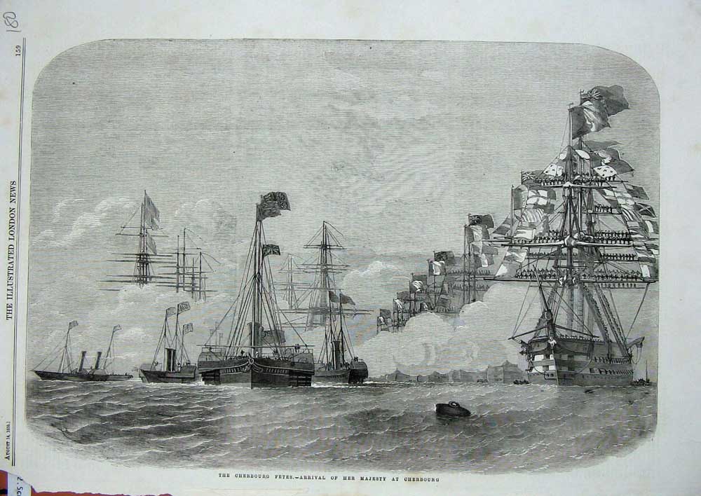 Original Old Antique Print 1858 Cherbourg Fetes Majesty Queen Ships Flags 19th