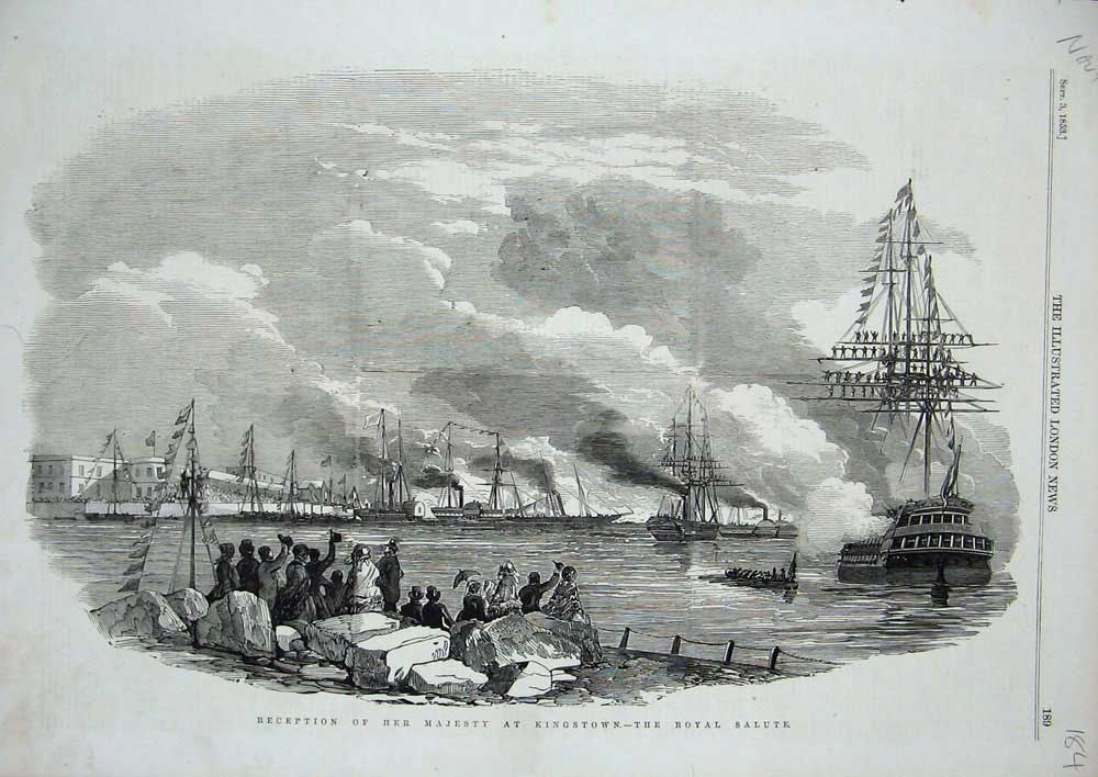 Old Antique Print 1853 Majesty Queen Kingstown Royal Salute Ships Flags 19th
