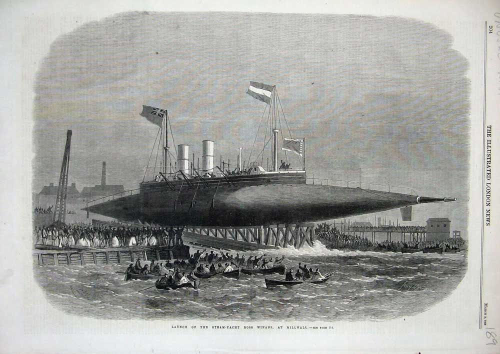 Old Antique Print 1866 Launch Steam Yacht Ross Winans Millwall Boat Art 19th
