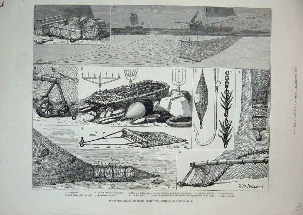 Old Antique Print Fisheries Exhibition 1883 Fishing Gear Nets Lobster Pot 19th