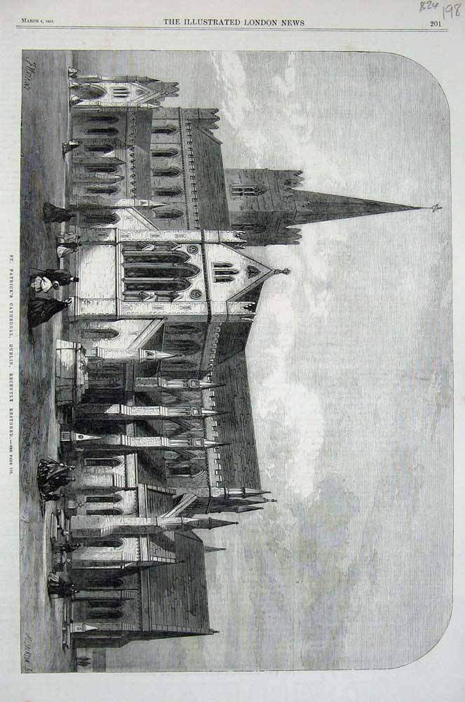 Old Antique Print 1865 St Patricks Cathedral Dublin Ireland Architecture 19th