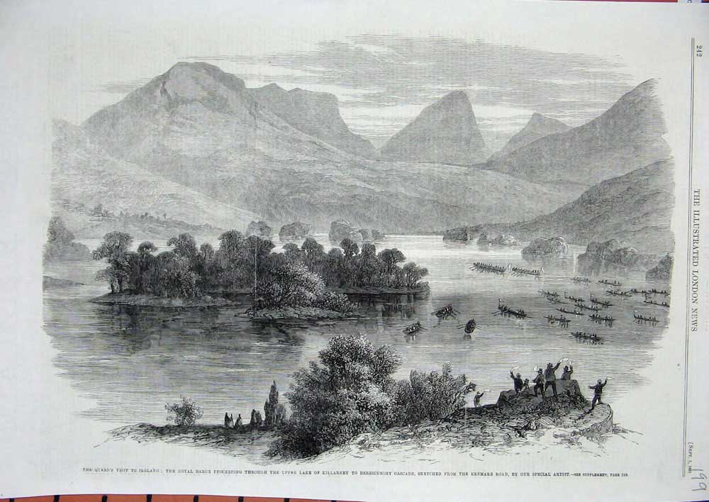 Original Old Antique Print 1861 Queen Ireland Royal Barge Killarney Derricunihy