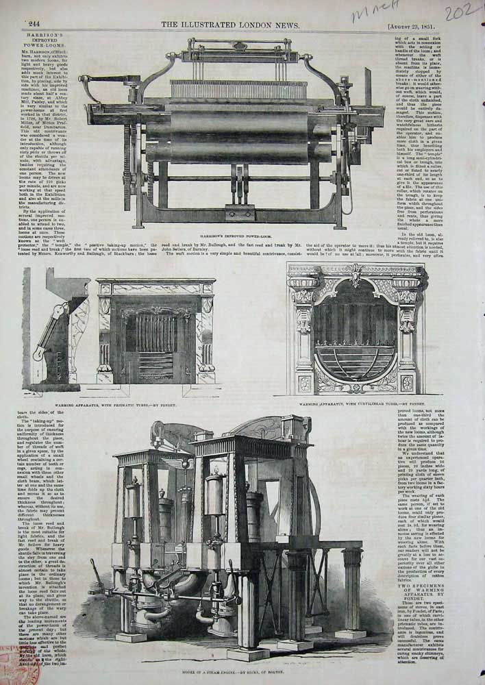 Original Old Antique Print 1851 Machinery Harrison Power-Loom Prismatic Engine