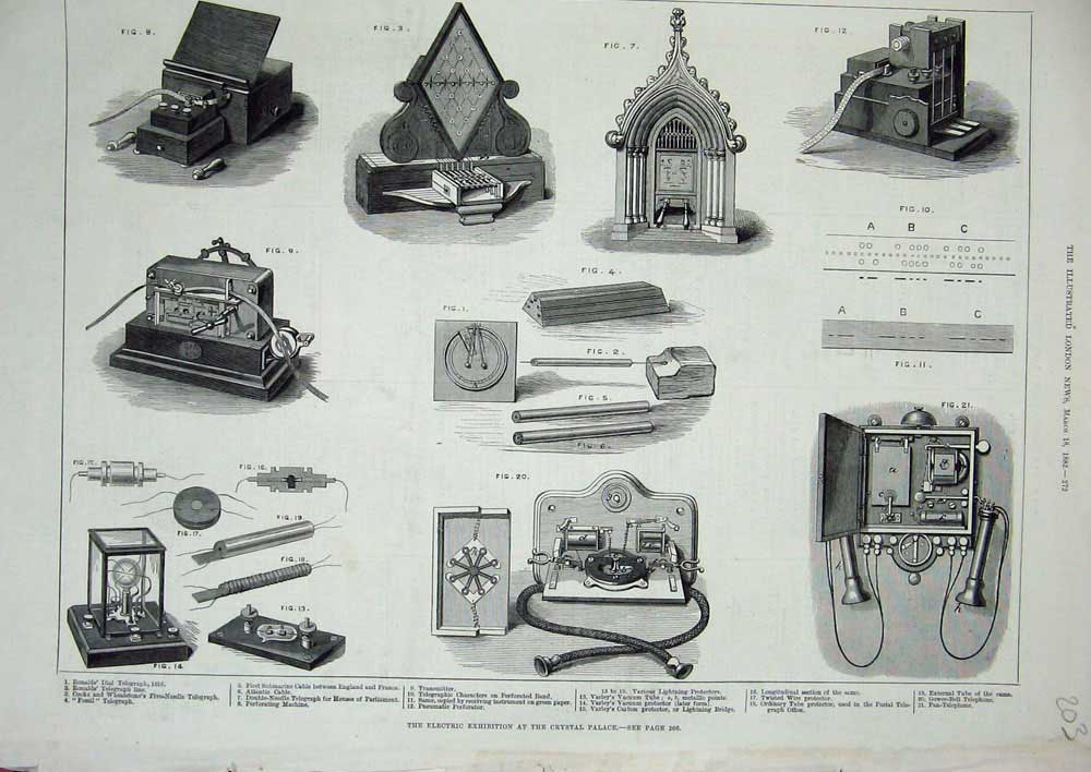 Original Old Antique Print Electric Exhibition Crystal Palace 1882 Transmitter
