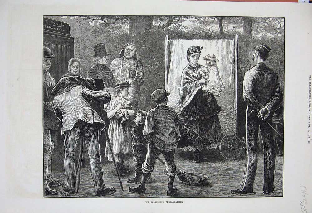 Old Antique Print 1873 Travelling Photographer Lady Little Girl Country 19th