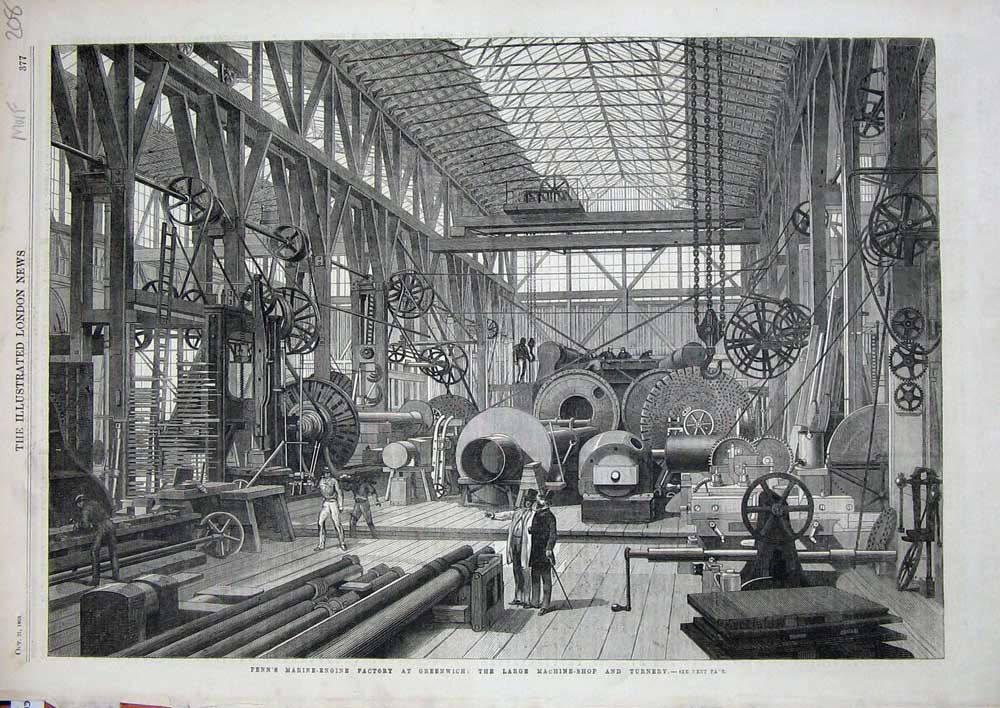 Original Old Antique Print 1865 Penn'S Marine Engine Factory Greenwich Turnery