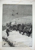 Original Old Antique Print 1886 Snow Storm Northumberland Alnwick Plough Horses