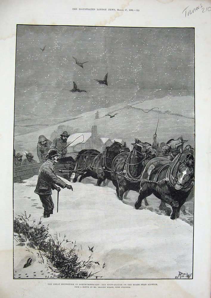 Original Old Antique Print 1886 Snow Storm Northumberland Alnwick Plough Horses