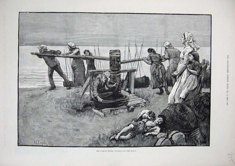 Original Old Antique Print 1885 Storm Winding Boats Fishing Dog Children Women