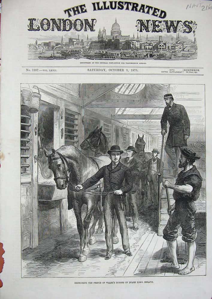 Old Antique Print 1875 Exercising Prince Wales Horses Ship H.M.S Serapis 19th
