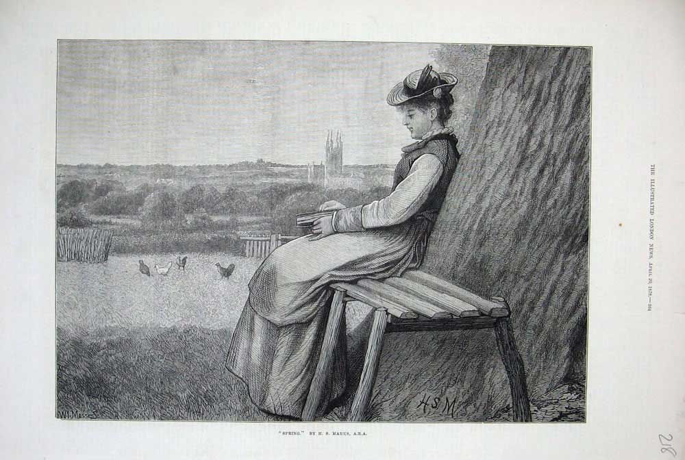 Original Old Antique Print 1878 Spring Womanlady Bench Book Church Chickens Art