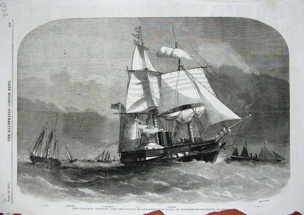 Old Antique Print 1857 Ship Frigate Gun-Boats Portsmouth Harbour Nimrod 19th