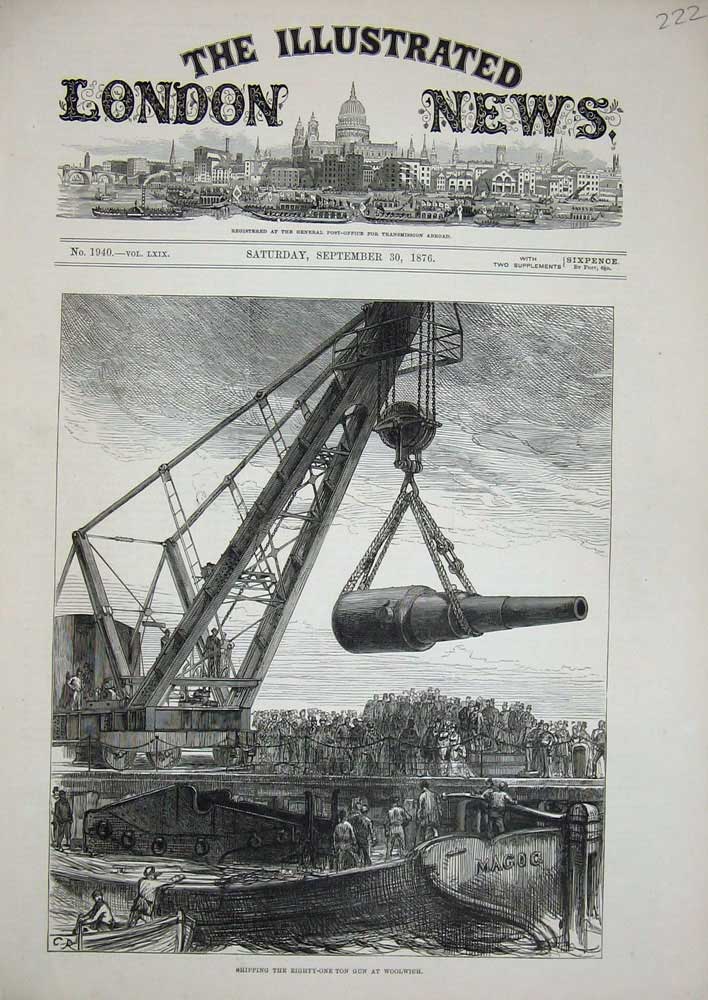 Original Old Antique Print Shipping Eighty-One Ton Gun Woolwich War Ships 1876