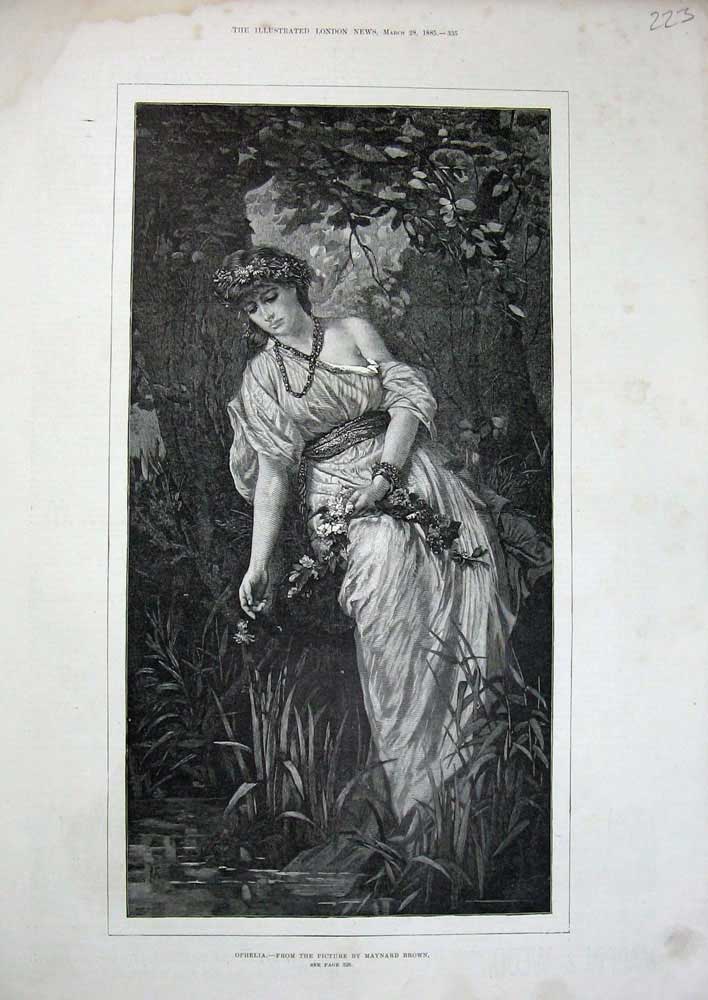 Old Antique Print Ophelia 1885 Beautiful Woman Lady Trees Flowers Stream 19th