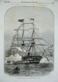 Original Old Antique Print 1856 Gran Naval Review Spithead War Ships Flags 19th