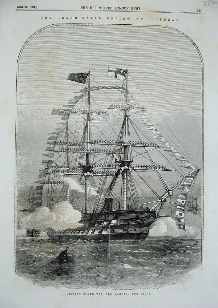 Original Old Antique Print 1856 Gran Naval Review Spithead War Ships Flags 19th