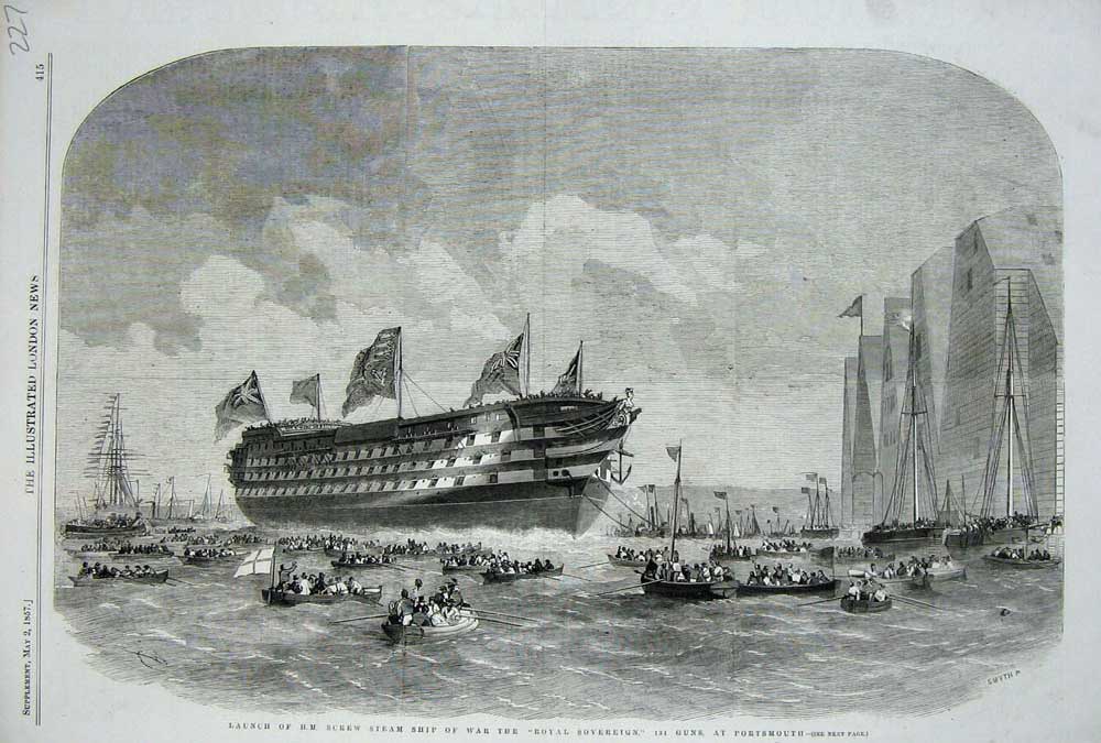 Old Antique Print 1857 Launch Steam Ship H.M Royal Sovereign Portsmouth 19th