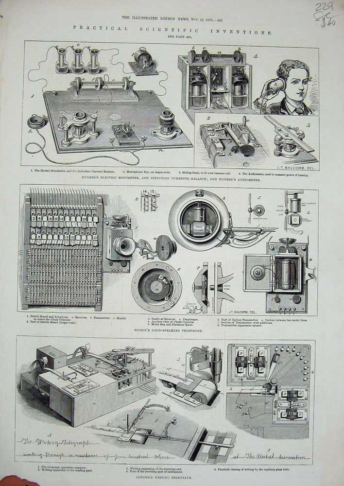 Original Old Antique Print 1879 Inventions Telegraph Telephone Edison Sonometer