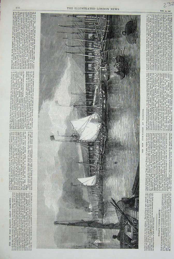 Old Antique Print 1867 New Fish Market Yarmouth Boats Sea Buildings Art 19th