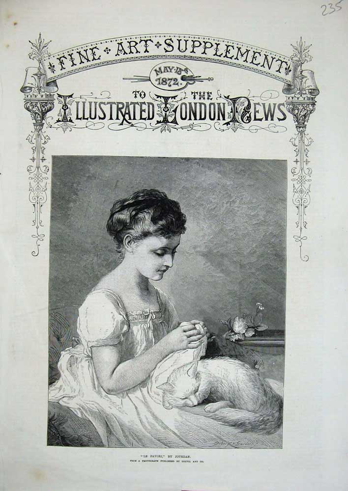 Old Antique Print 1872 Le Favori Young Woman Dress Cat Jourdan Fine Art 19th