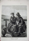 Old Antique Print Beautiful Women Sitting Bench Sea 1878 French Gallery 19th